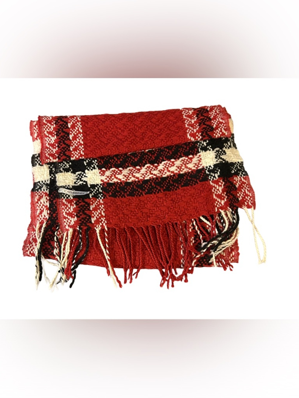 Catherines Red Black Cream Plaid Fringe Scarf